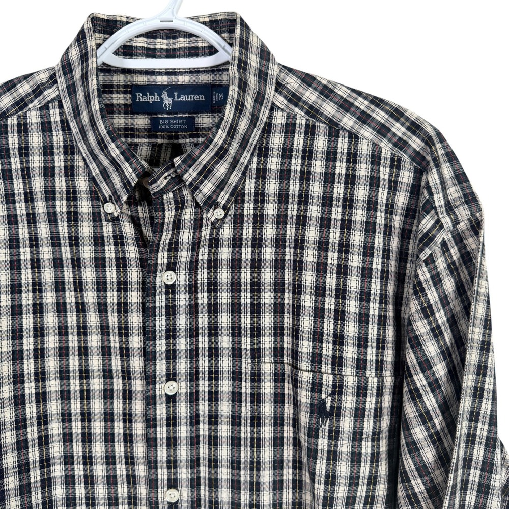 Ralph Lauren Big Shirt Mens M Black White Plaid Cotton Button Down Long Sleeve